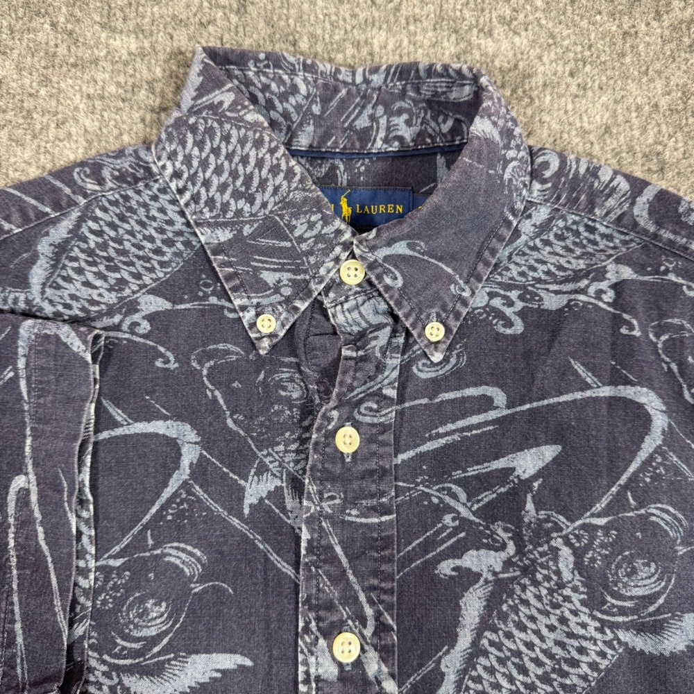 Ralph Lauren Koi Fish Print Short Sleeve Button Down Mens S Navy Blue Cotton EUC